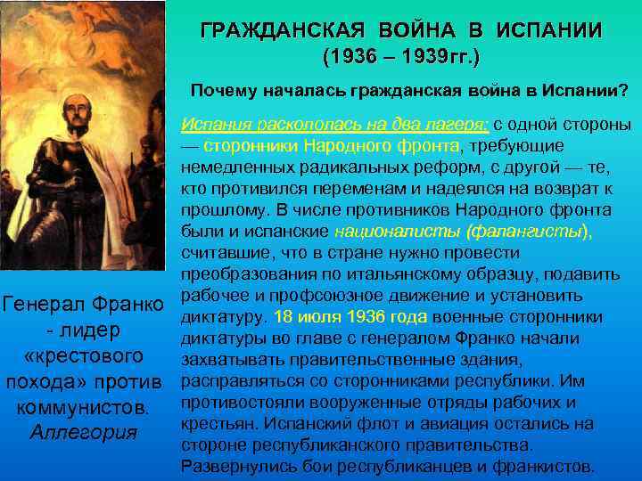 ГРАЖДАНСКАЯ ВОЙНА В ИСПАНИИ (1936 – 1939 гг. ) Почему началась гражданская война в