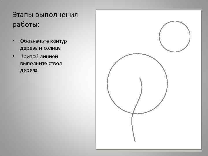 Этапы выполнения работы: • Обозначьте контур дерева и солнца • Кривой линией выполните ствол