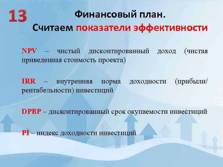 13 Финансовый план. Считаем показатели эффективности NPV – чистый дисконтированный доход (чистая приведенная стоимость