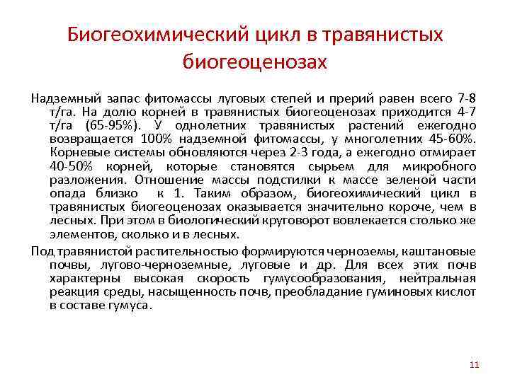 Биогеохимический цикл в травянистых биогеоценозах Надземный запас фитомассы луговых степей и прерий равен всего