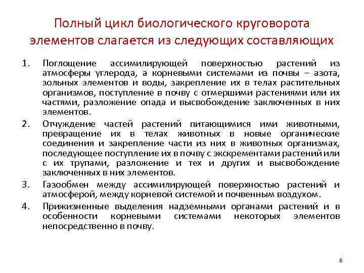 Полный цикл биологического круговорота элементов слагается из следующих составляющих 1. 2. 3. 4. Поглощение