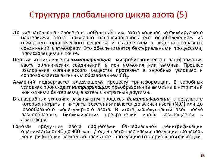 Структура глобального цикла азота (5) До вмешательства человека в глобальный цикл азота количество фиксируемого