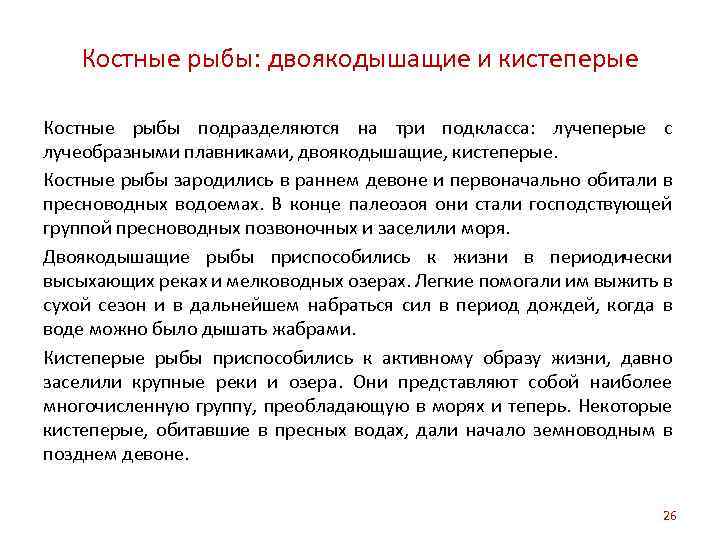 Костные рыбы: двоякодышащие и кистеперые Костные рыбы подразделяются на три подкласса: лучеперые с лучеобразными