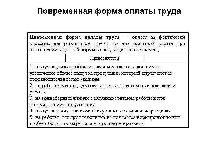 Повременная форма оплаты труда — оплата за фактически отработанное работником время по его тарифной