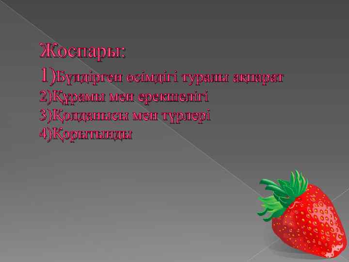Жоспары: 1)Бүлдірген өсімдігі туралы ақпарат 2)Құрамы мен ерекшелігі 3)Қолданысы мен түрлері 4)Қорытынды 