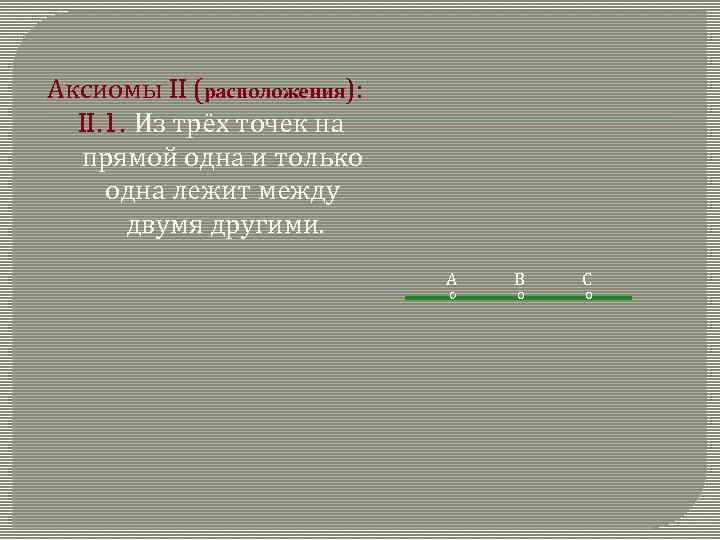 Аксиомы II (расположения): II. 1. Из трёх точек на прямой одна и только одна