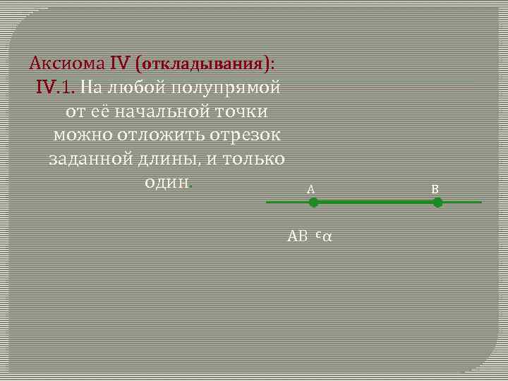 А В АВ α Э Аксиома IV (откладывания): IV. 1. На любой полупрямой от