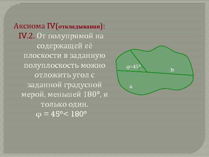 Аксиома IV(откладывания): IV. 2. От полупрямой на содержащей её плоскости в заданную полуплоскость можно