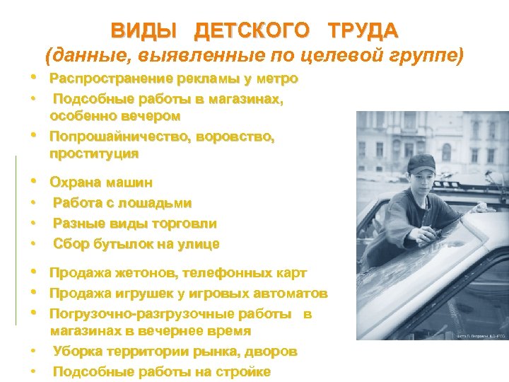 ВИДЫ ДЕТСКОГО ТРУДА (данные, выявленные по целевой группе) • Распространение рекламы у метро •