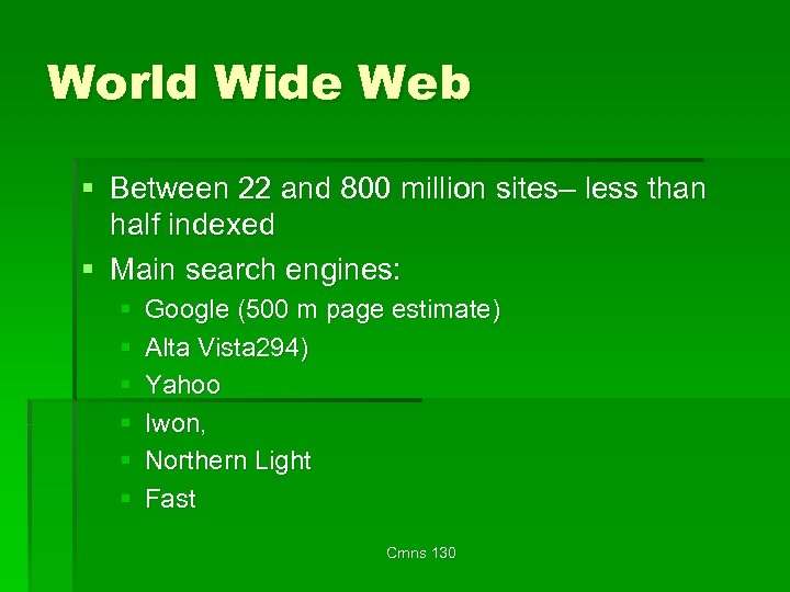 World Wide Web § Between 22 and 800 million sites– less than half indexed