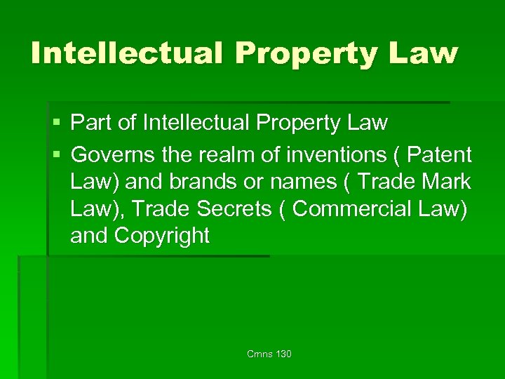 Intellectual Property Law § Part of Intellectual Property Law § Governs the realm of