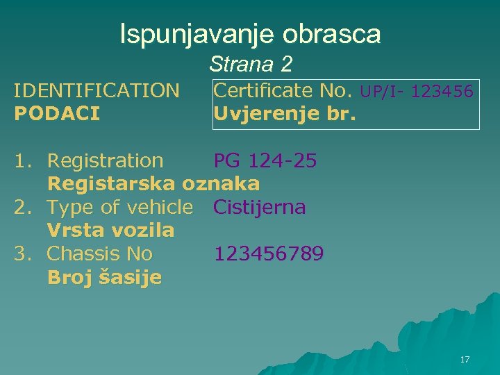 Ispunjavanje obrasca Strana 2 IDENTIFICATION PODACI Certificate No. UP/I- 123456 Uvjerenje br. 1. Registration