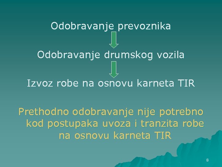 Odobravanje prevoznika Odobravanje drumskog vozila Izvoz robe na osnovu karneta TIR Prethodno odobravanje nije