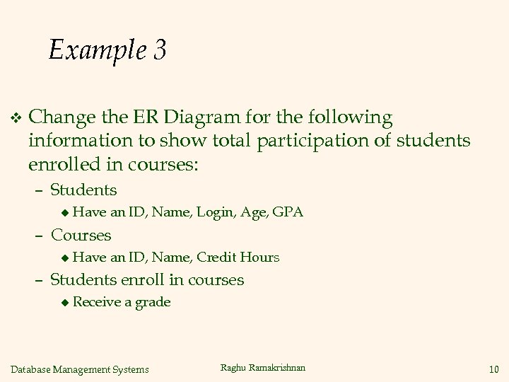 Example 3 v Change the ER Diagram for the following information to show total