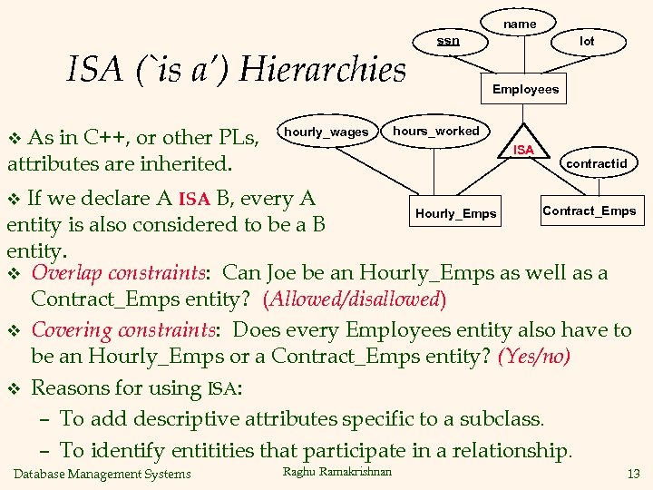 name ssn ISA (`is a’) Hierarchies As in C++, or other PLs, attributes are