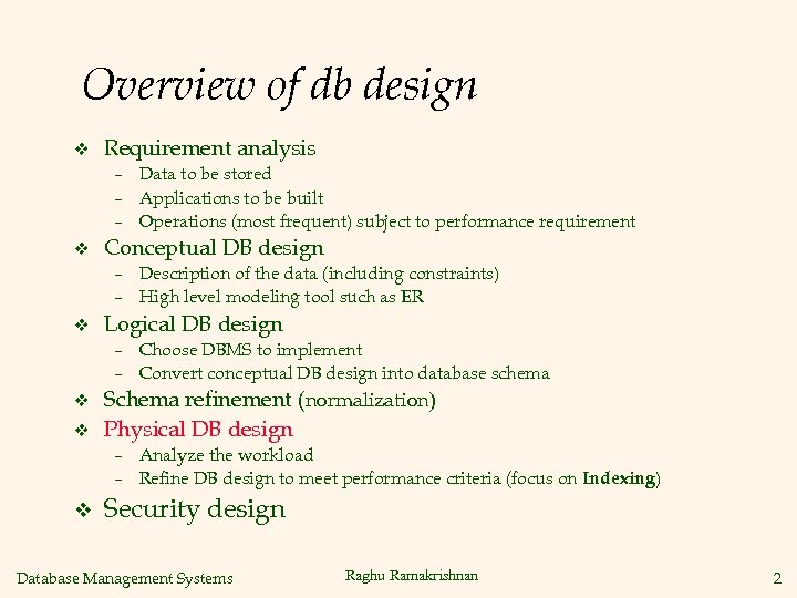 Overview of db design v Requirement analysis – Data to be stored – Applications