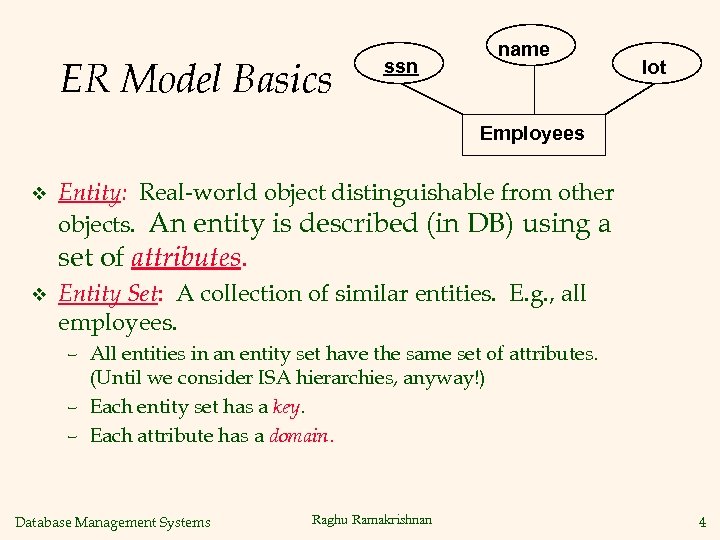 ER Model Basics ssn name lot Employees v Entity: Real-world object distinguishable from other