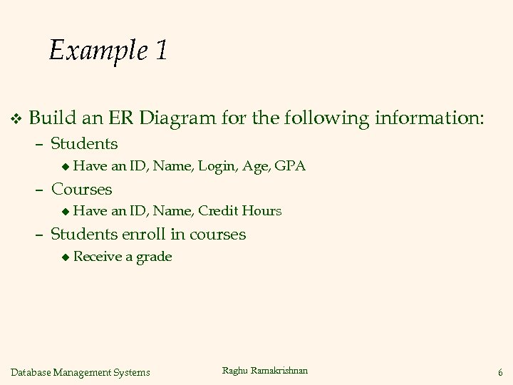 Example 1 v Build an ER Diagram for the following information: – Students u
