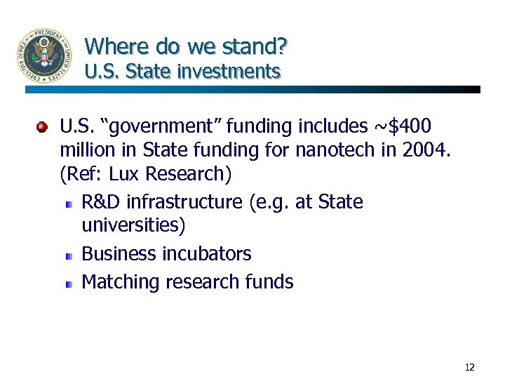 Where do we stand? U. S. State investments U. S. “government” funding includes ~$400