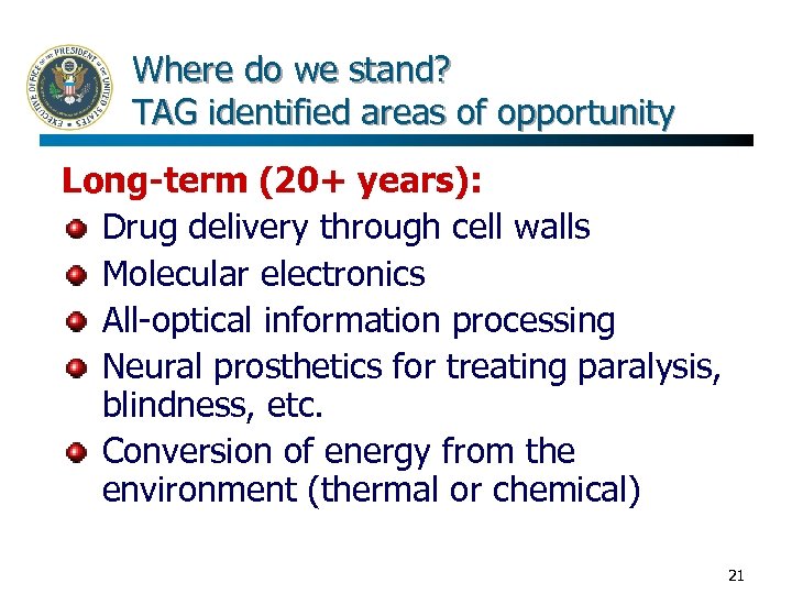 Where do we stand? TAG identified areas of opportunity Long-term (20+ years): Drug delivery