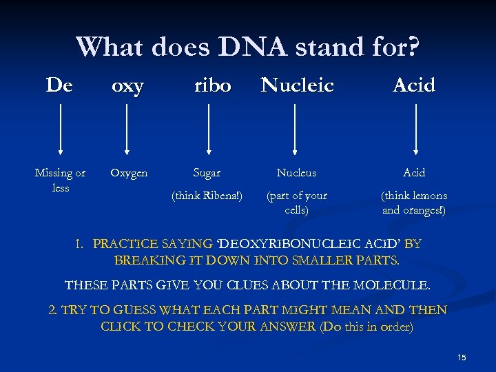 What does DNA stand for? De oxy ribo Nucleic Acid Missing or less Oxygen