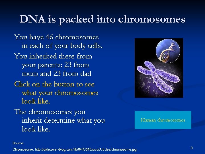 DNA is packed into chromosomes You have 46 chromosomes in each of your body