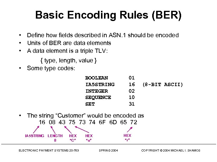Basic Encoding Rules (BER) • Define how fields described in ASN. 1 should be