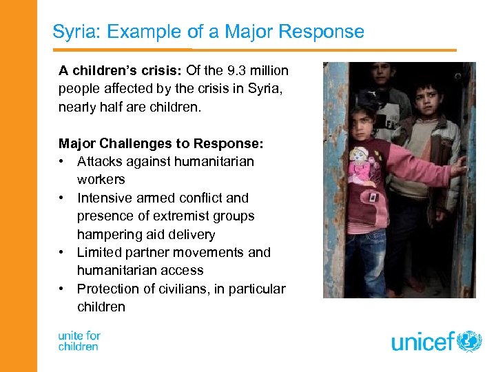 Syria: Example of a Major Response A children’s crisis: Of the 9. 3 million