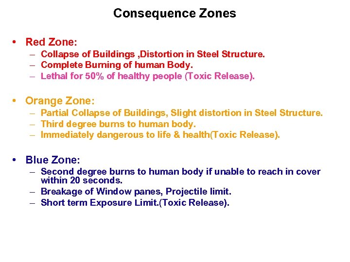Consequence Zones • Red Zone: – Collapse of Buildings , Distortion in Steel Structure.