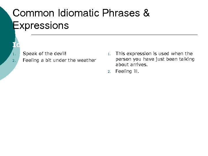 Common Idiomatic Phrases & Expressions Idiom 1. 2. Speak of the devil! Feeling a