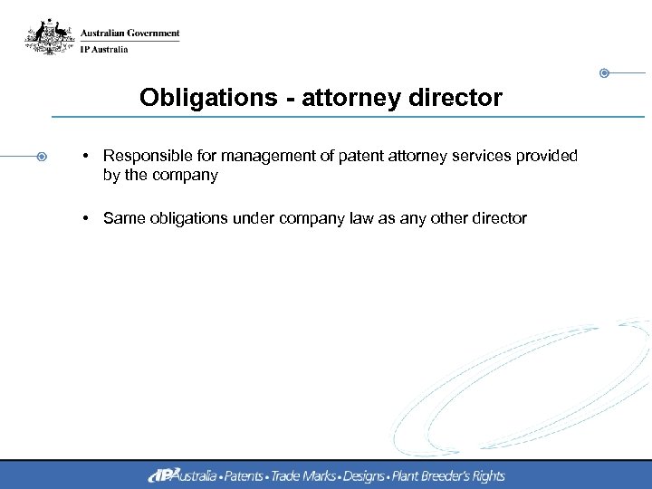 Obligations - attorney director • Responsible for management of patent attorney services provided by