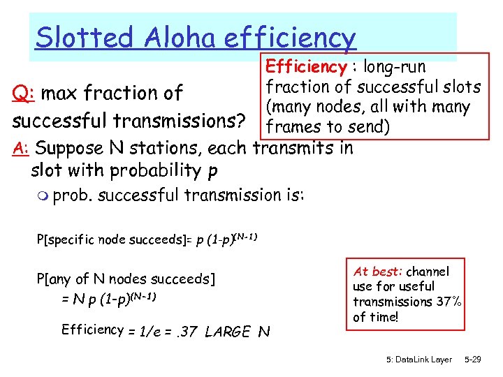 Slotted Aloha efficiency Q: max fraction of successful transmissions? Efficiency : long-run fraction of