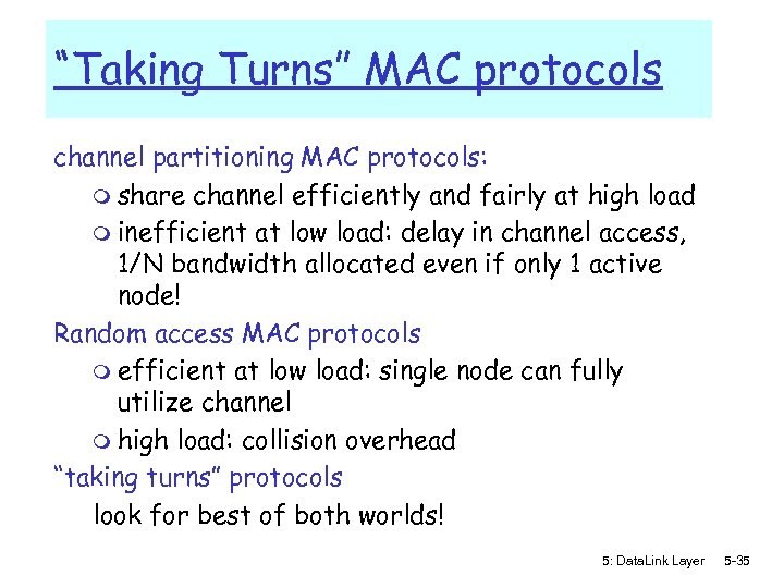 “Taking Turns” MAC protocols channel partitioning MAC protocols: m share channel efficiently and fairly