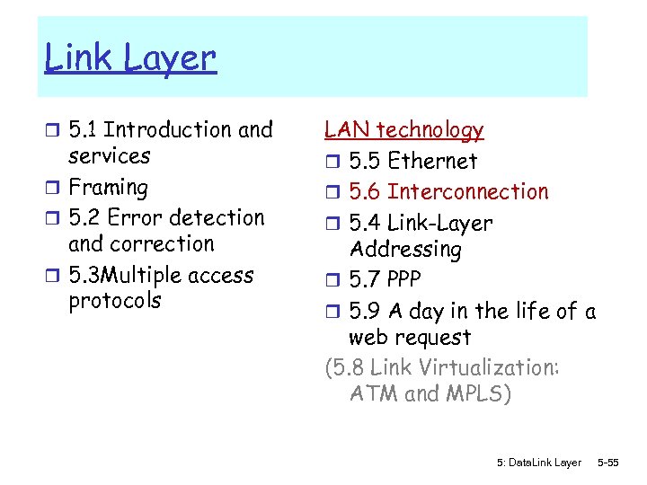 Link Layer r 5. 1 Introduction and services r Framing r 5. 2 Error