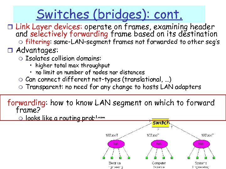 Switches (bridges): cont. r Link Layer devices: operate on frames, examining header and selectively