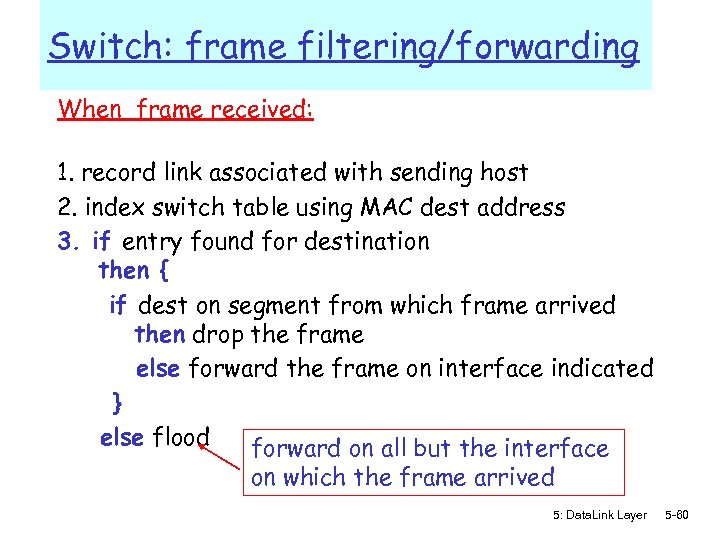 Switch: frame filtering/forwarding When frame received: 1. record link associated with sending host 2.