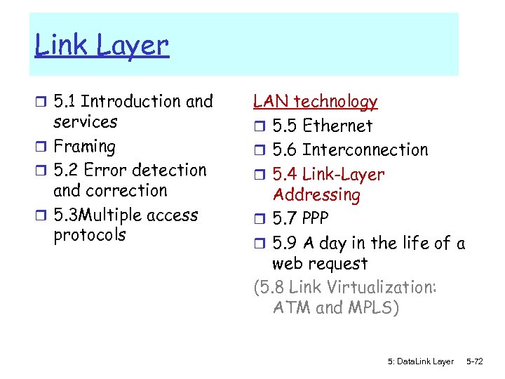 Link Layer r 5. 1 Introduction and services r Framing r 5. 2 Error