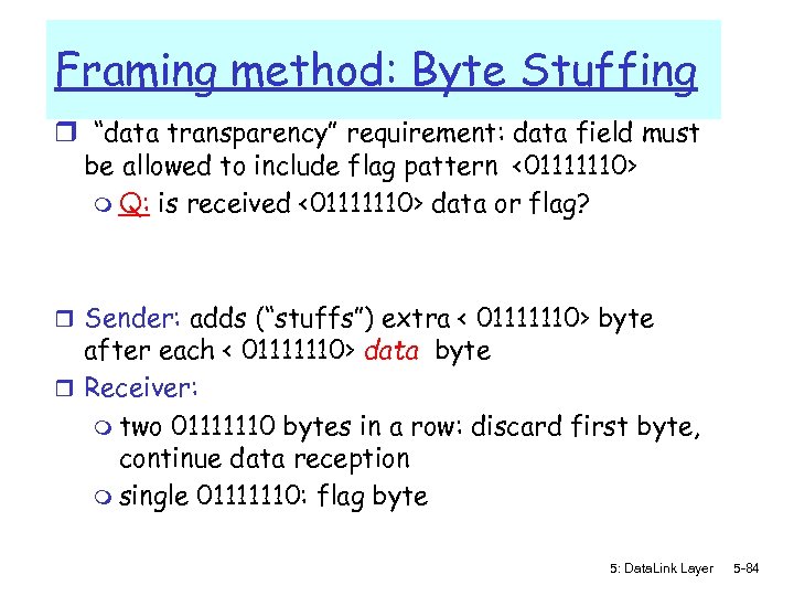 Framing method: Byte Stuffing r “data transparency” requirement: data field must be allowed to