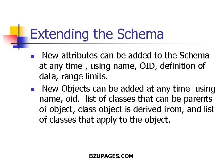 Extending the Schema n n New attributes can be added to the Schema at