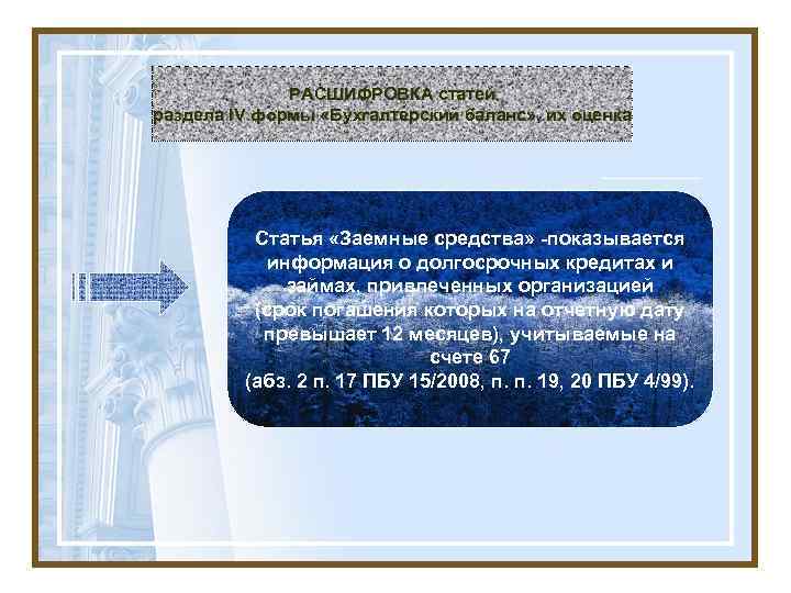 РАСШИФРОВКА статей раздела IV формы «Бухгалтерский баланс» , их оценка Статья «Заемные средства» -показывается