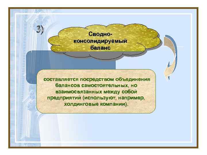 1 Сводноконсолидируемый баланс составляется посредством объединения балансов самостоятельных, но взаимосвязанных между собой предприятий (используют,