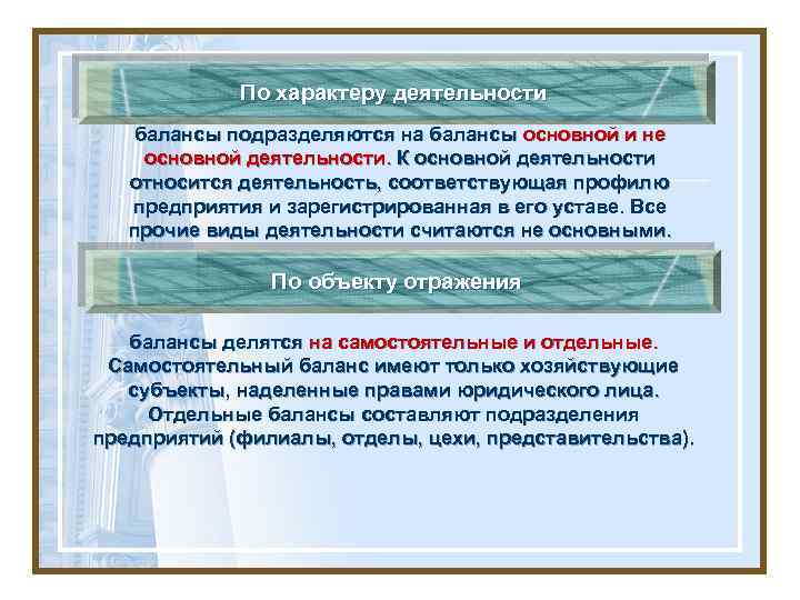 По характеру деятельности балансы подразделяются на балансы основной и не основной деятельности. К основной