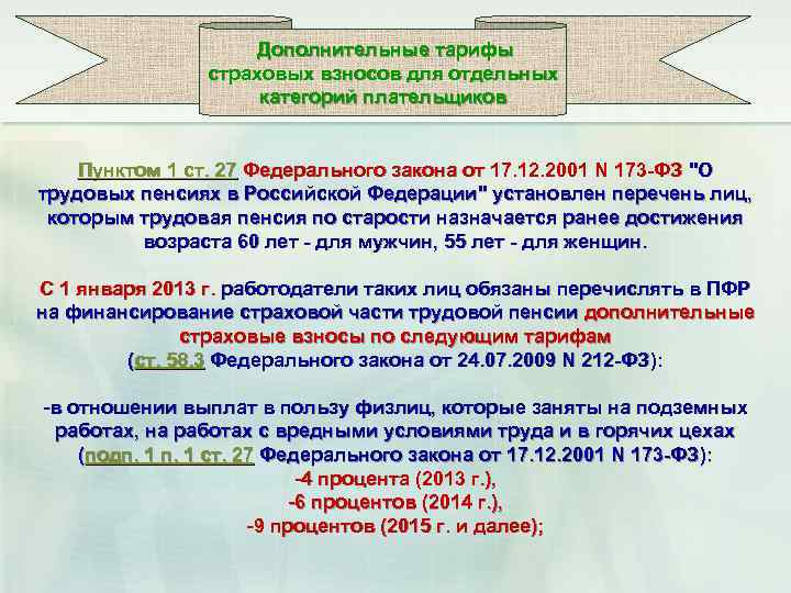  Дополнительные тарифы страховых взносов для отдельных категорий плательщиков Пунктом 1 ст. 27 Федерального