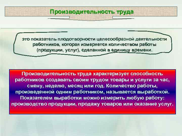 Производительность труда это показатель плодотворности целесообразной деятельности работников, которая измеряется количеством работы (продукции, услуг),