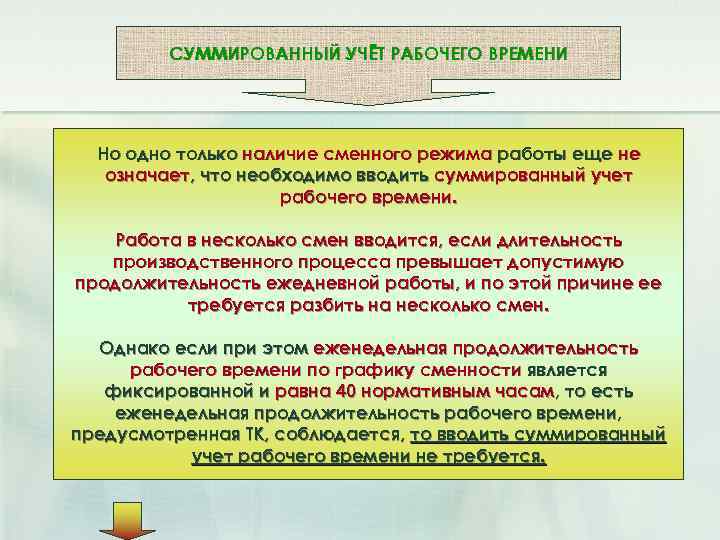 СУММИРОВАННЫЙ УЧЁТ РАБОЧЕГО ВРЕМЕНИ Но одно только наличие сменного режима работы еще не означает,