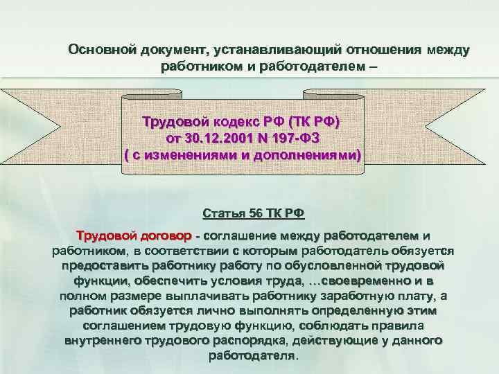 Основной документ, устанавливающий отношения между работником и работодателем – Трудовой кодекс РФ (ТК РФ)