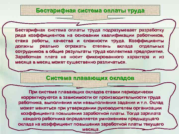 Бестарифная система оплаты труда подразумевает разработку ряда коэффициентов на основании квалификации работников, стажа работы,