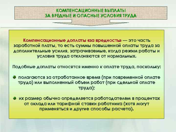 КОМПЕНСАЦИОННЫЕ ВЫПЛАТЫ ЗА ВРЕДНЫЕ И ОПАСНЫЕ УСЛОВИЯ ТРУДА Компенсационные доплаты «за вредность» — это