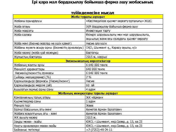 Ірі қара мал бордақылау бойынша ферма ашу жобасының түйіндемесіне мысал Жобаны орындаушы Жоба атауы