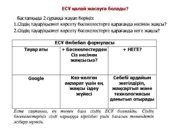 ЕСҰ қалай жасауға болады? Бастапқыда 2 сұраққа жауап беріңіз: 1. Сіздің тауар/қызмет көрсету бәсекелестерге